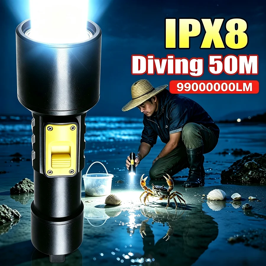 IPX8 Waterproof Professional Diving Flashlight Diving 50m High Power LED Underwater Torch for Scuba Diving Tide‑Pool Fishing