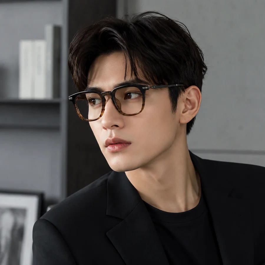 Japanese literary style square eyeglass frame with titanium alloy reverse R spring hinge, for unisex,OTW6044，size:49*20-145