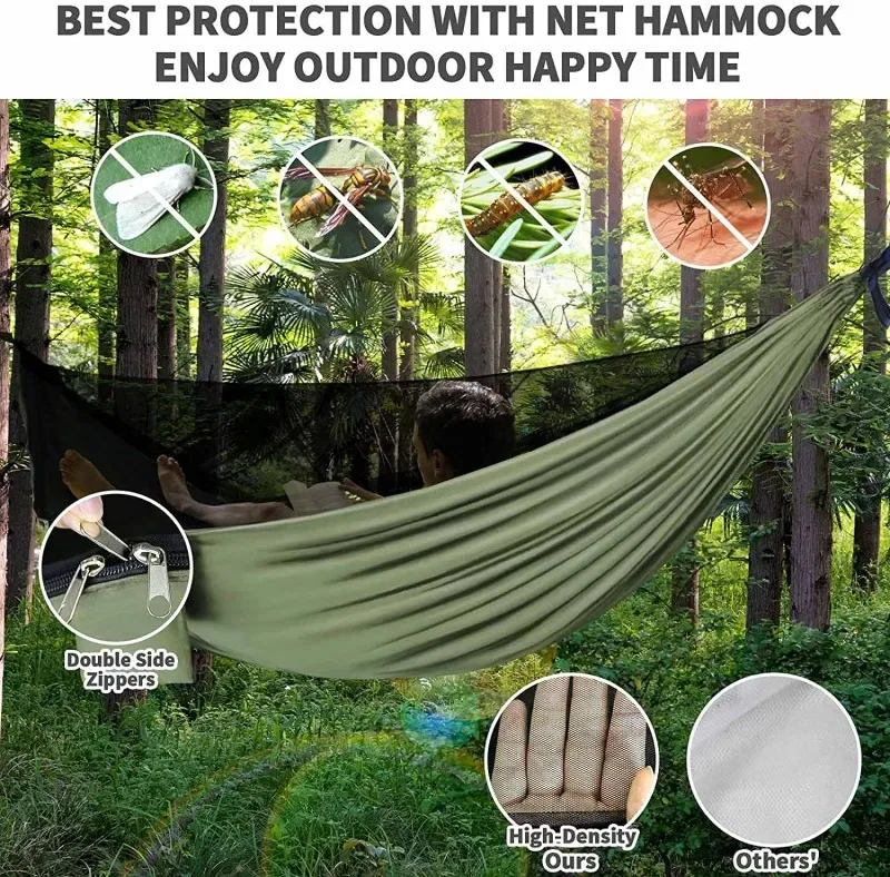 Double Travel Camping Hammock with Mosquito Net,Backpacking Portable Parachute 5+1 Ring Strap Hammock