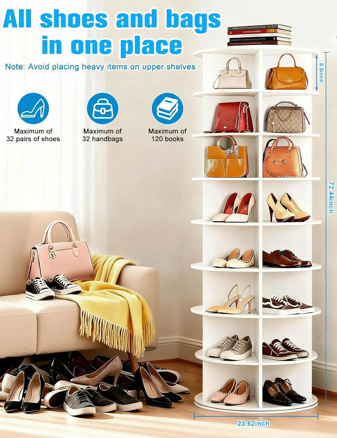 8 Tier Rotating Shoe Rack Tower, Spinning Shoe Organizer Rotating Shelf, Space-Saving 360° Revolving Shoe Rack Storage Round Car