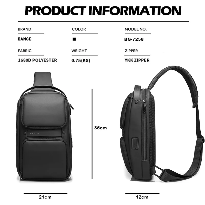 BANGE Men Casual Sling Bag with USB 2.0 Charging Port, Waterproof Chest Packs with Dry Wet Compartment for Storage Daily Commute