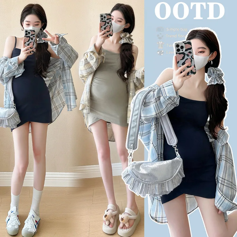 

2025 Summer Maternity Set: Slim-Fit Sundress + Cover-Up - Stylish Two-Piece Pregnancy Outfit for Petite Fashionable Moms