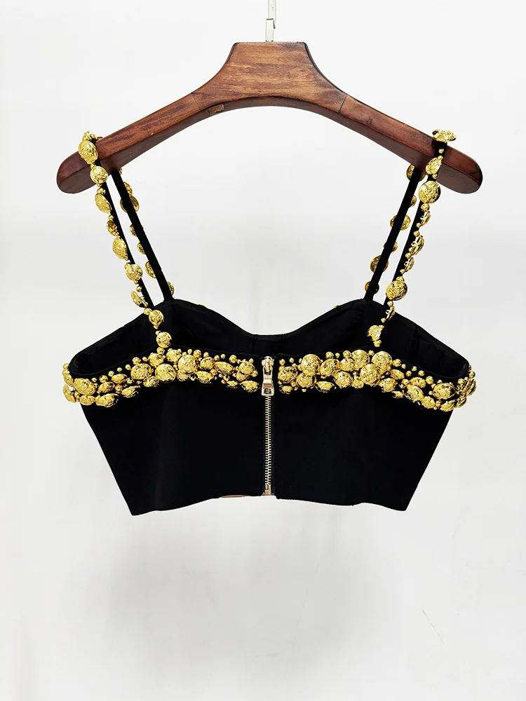 HIGH STREET-Conjunto de traje de diseñador para mujer, camisola con decoración de botones dorados, Top, minifalda, 2 uds., 2025, nueva moda