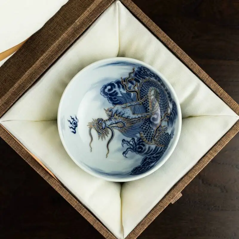 Sacred Mountain Antique-Style Hand-Painted Tyrannosaurus Jingdezhen Ceramic Set Tea Blue And White Gold-Trimmed Master Cup
