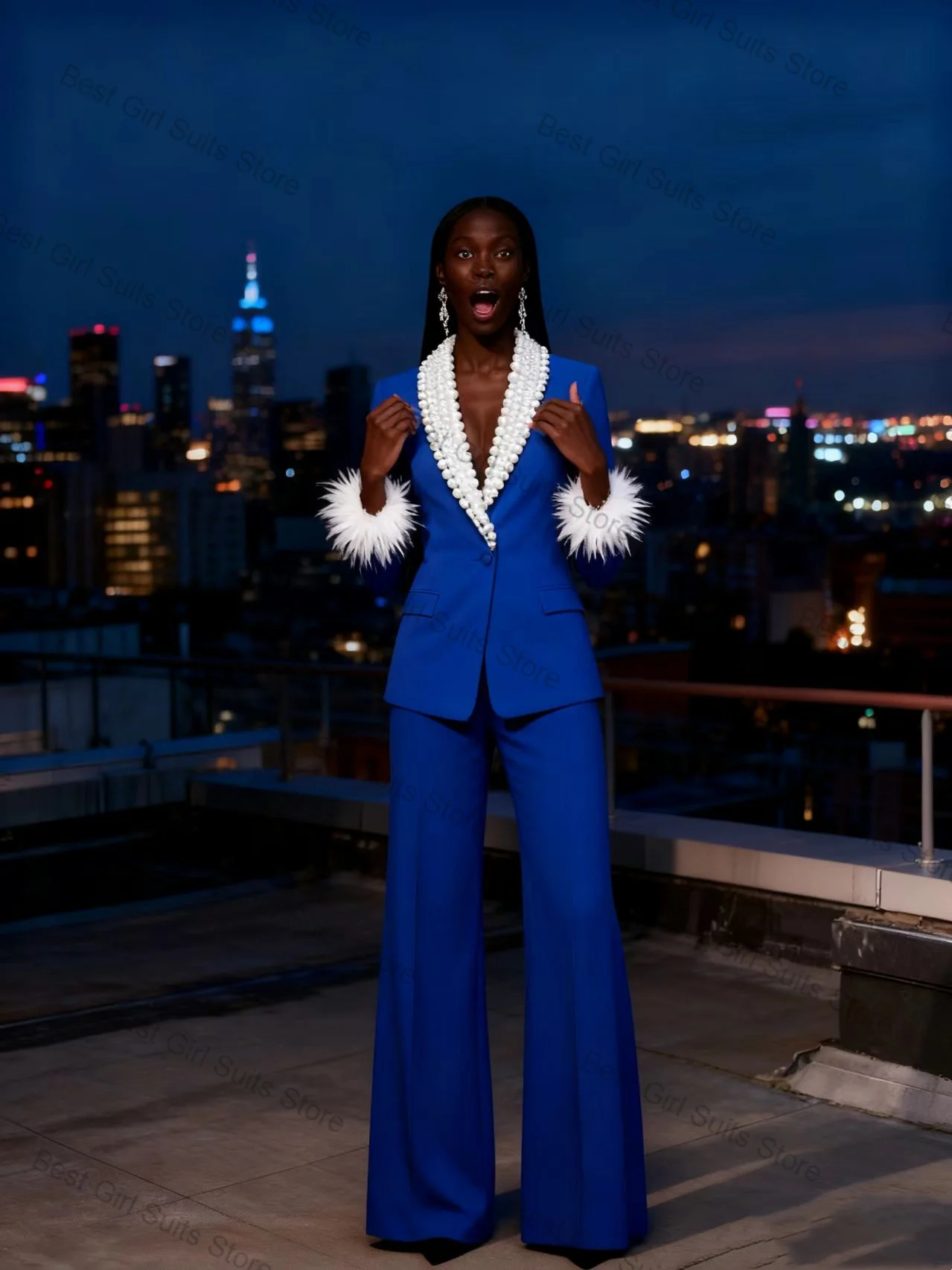 

Feather Pearls Women Suit Pants Set 2 Piece Royal Blue Blazer+Trousers Formal Office Lady Jacket Customized Wedding Coat Outfit