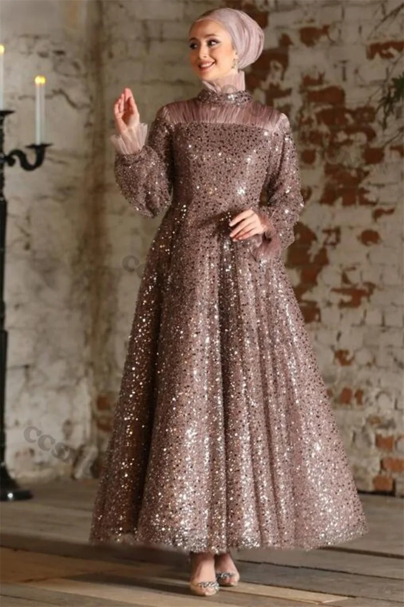 Abiti da sera musulmani di moda a maniche lunghe con paillettes scintillanti abiti da festa formali islamici collo alto donna abiti arabi De Soirée