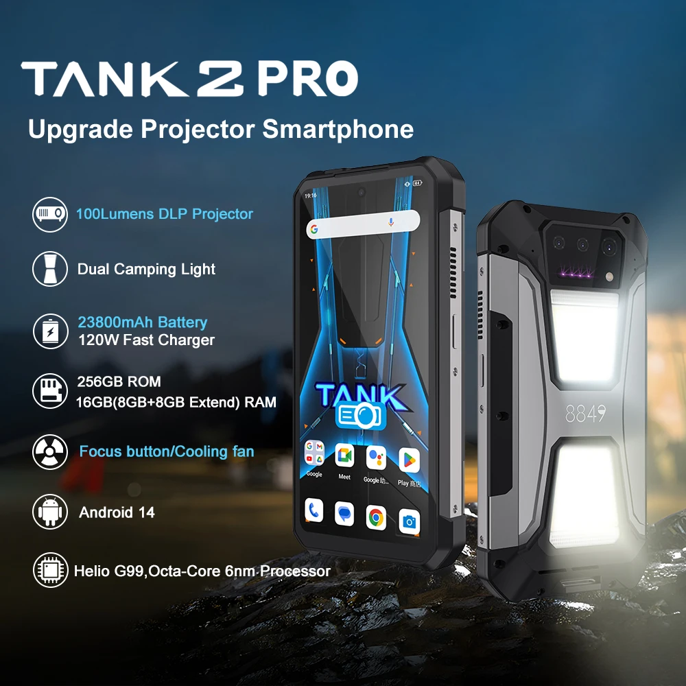 8849 Unihertz Tank 2 pro Rugged Smartphone 23800mAh Camping Light 8GB 256GB Android 14  Phone Laser Projector MObile Phone