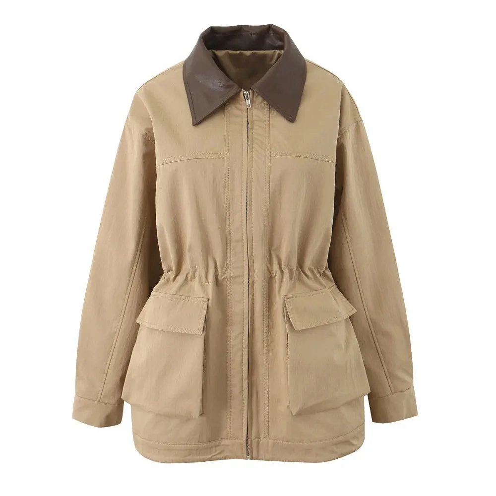 Spring Autumn Women Khaki Spliced Faux Leather Lapel Coat Front 2 Pocket Elastic Waist Zipper Jacket Loose Outerwear Trench Coat
