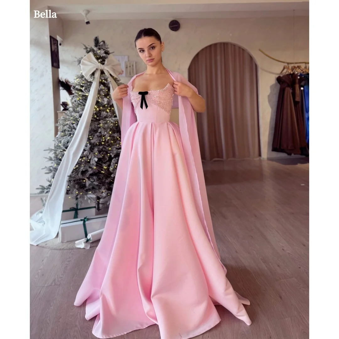 

Bella Customized Light Pink Sweetheart Neck Sequin Prom Dress Black Bow Chiffon Cape Party Dresses Ball Gown Skirt Elegant 2025