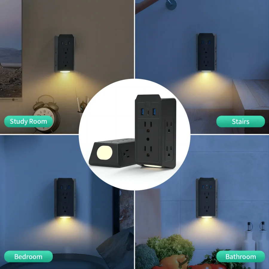 USB Wall Charger, Multi Plug Outlets Extender with Night Light, Expander Multi Plug Splitter