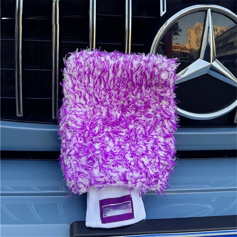 Lucullan Logo Premium Purple Microfiber Glove Super Absorbency Foam Stitch Inner Lining Car Wash Mitt