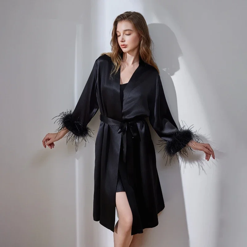 

19 мм 100% тутовый шелковый утренний халат, сексуальное кимоно, халаты невесты с длинными рукавами, халат подружки невесты, женская одежда для сна с перьями