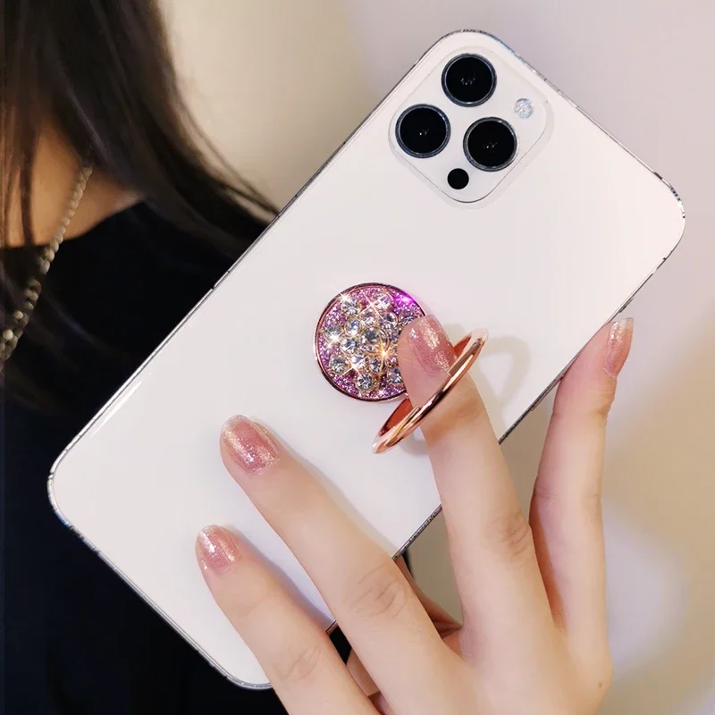Phone Buckle Ring Holder Rhinestone Fashion Sequin Finger Buckle Ring Metal Pull Ring Desktop Support Bracket Adhesive Type