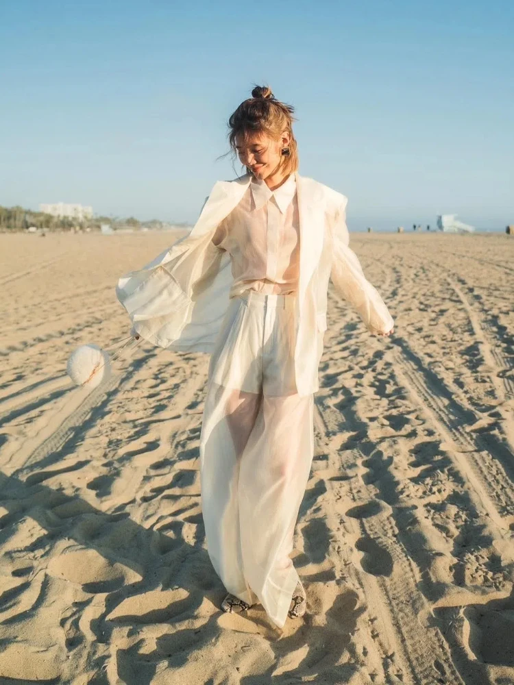 

Transparent Shirt Pants Blazer Suits Women Lapel Waist Cinching Blouse Wide Leg Pants With Thin Blazer Coats Sexy Lady Beachwear