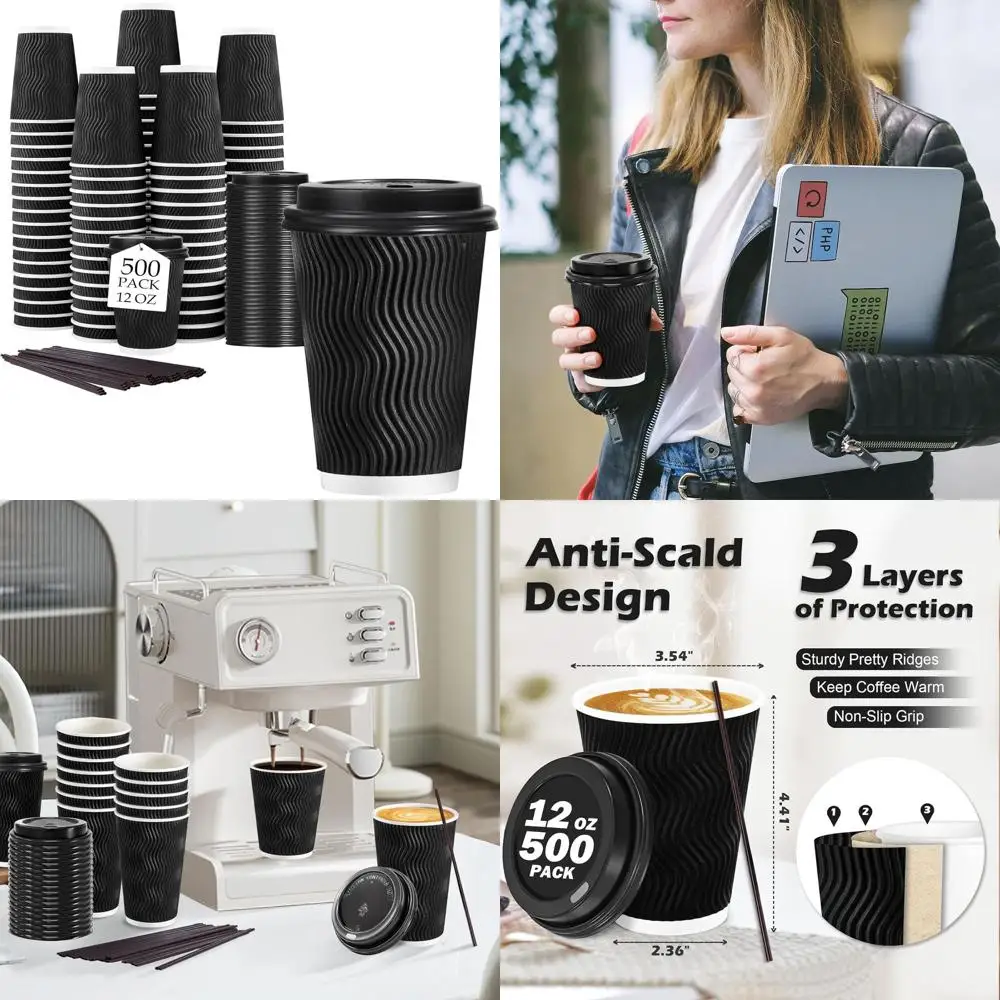 

Одноразовые бумажные стаканы для кофе с крышками, 12 унций, 500 штук, для горячих напитков - для кофейных баров (черные)