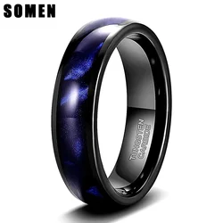 Somen 6mm Tungsten Wedding Band Ring for Men Women Blue Crushed Shell Engagement Rings Domed High Polished Comfort Fit Size 6-13