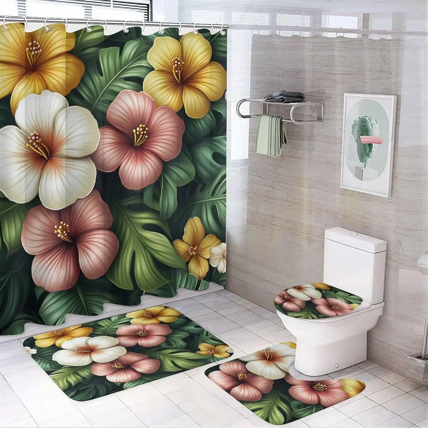 Bathroom Rugs and Shower Curtain Sets, Tropical Leaf and Flower Pattern Printed on Bathroom Shower Curtain Sets with Rugs