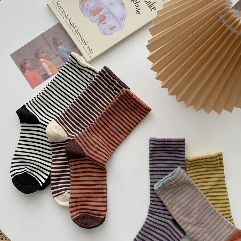 New Retro Striped Socks Children\'s Women Medium Tube Socks Spring and Autumn Cotton Stockings Korean Stockings Japanese Socken