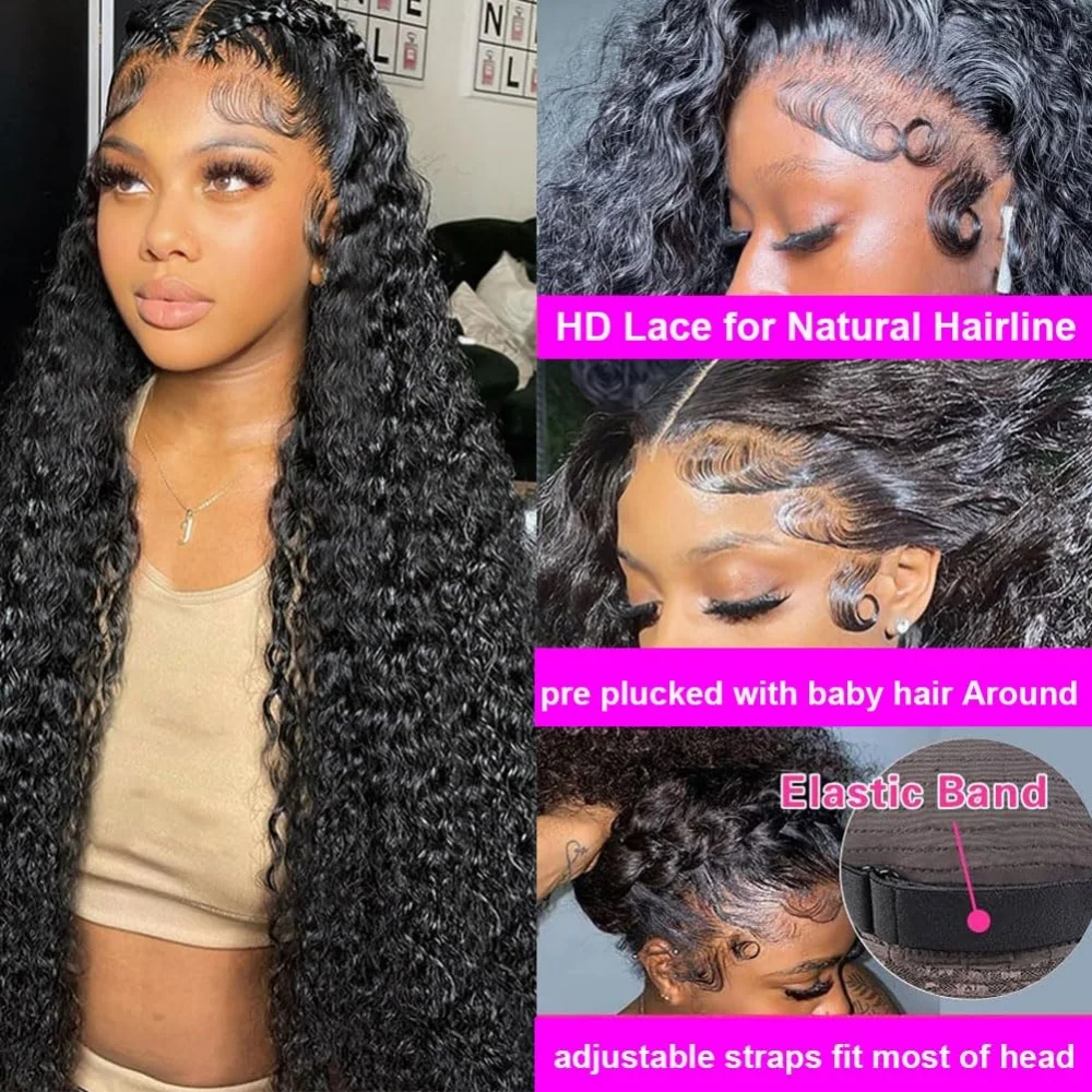 40 46 Inch Deep Wave Lace Human Wig Hidden Drawstring 360 Full Lace Wig Glueless 13x6 Lace Front Wig 13x4 HD Lace Human Hair Wig