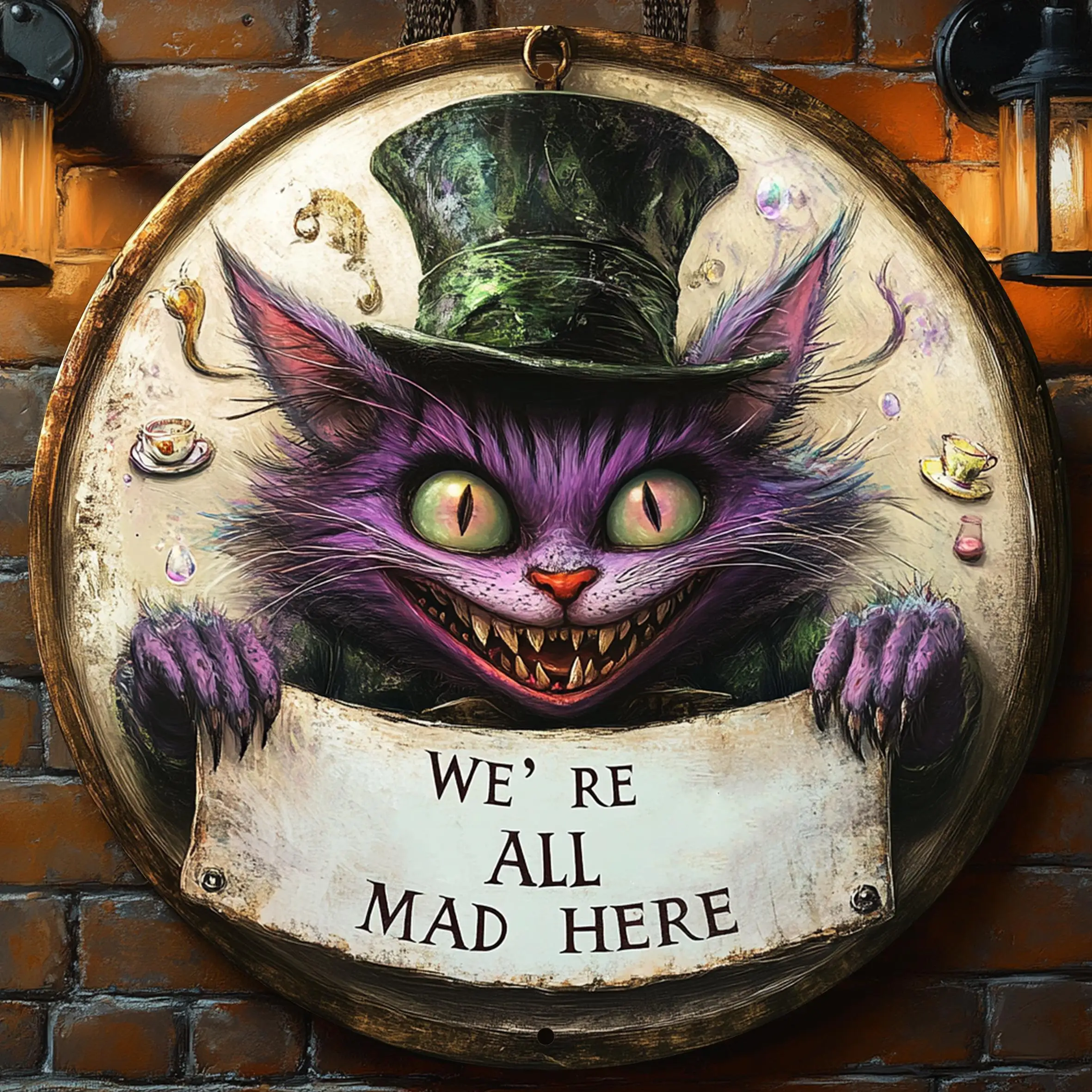 [2D Flat] 1pc Cheshire Cat Whimsical Metal Wall Art - Vintage Round Aluminum Sign with "We're All Mad Here" Design, Purple Creat view 6