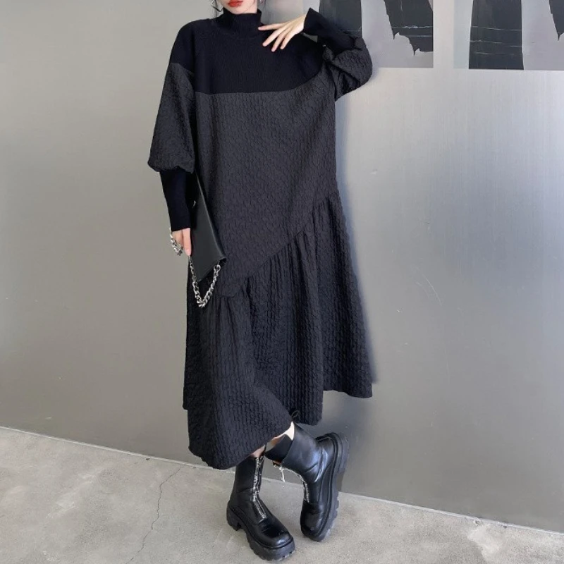 

Women Knitted Dresses Maxi A Line Dress Stand Collar Long Sleeves Mid Calf Length Loose Casual Streetwear 2025 Spring Autumn