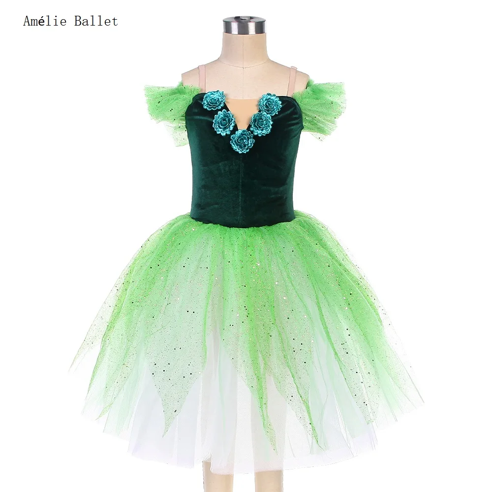 

22043 Dark Green Velvet with Nude V Neck Insert in The Front Attached layers of Soft Tulle Tutu Skirt Girls Women Ballet Tutu