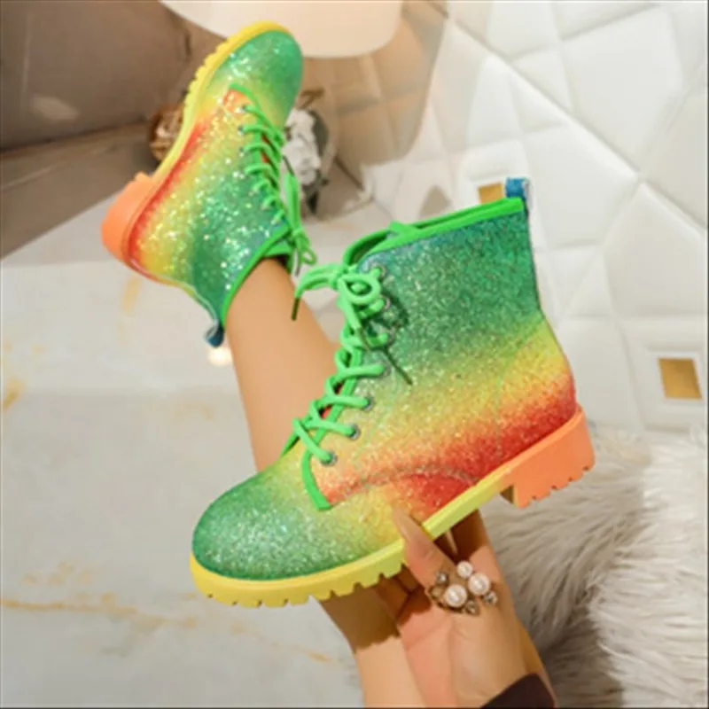 Fashion Color Blocking Thick Soled Casual Women's Mid Calf Boots 2026 New Lace Up Wear Resistant Non Slip Lightweight Women Boot