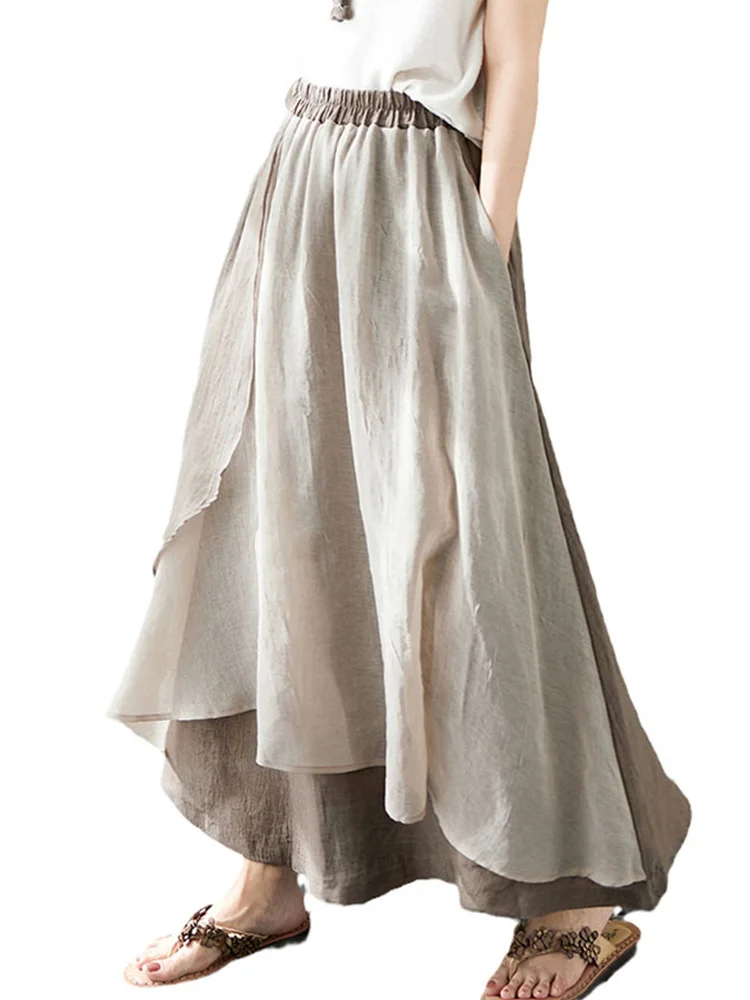 تنورة ماكسي من الكتان بطبقات مزدوجة تنورة يابانية غير متناظرة من القطن والكتان f تنورة للجسم بخصر عالٍ على شكل حرف a جرس Sve #5