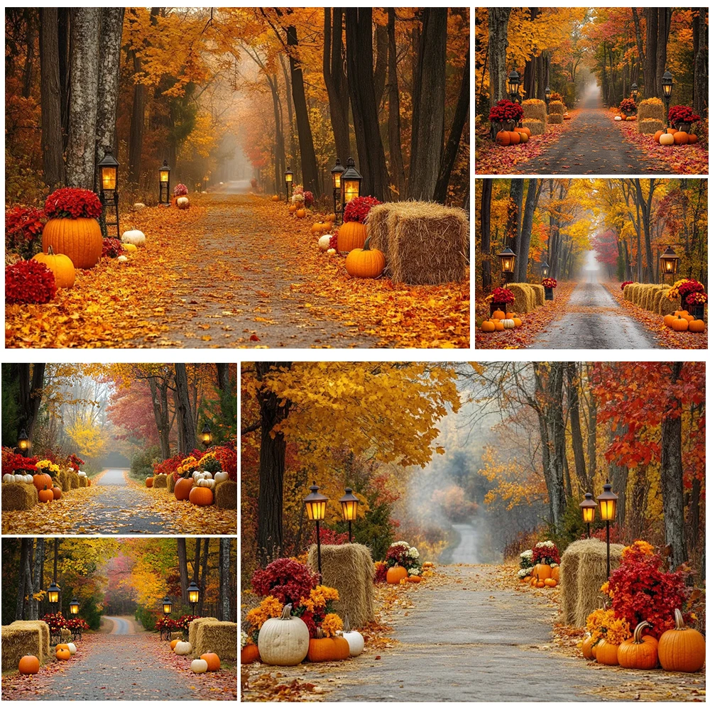 Autumn Forest Path Backdrop Maple Leaf Haystack Lantern Pumpkin Harvest Thanksgiving Portrait Photography Background Photozone
