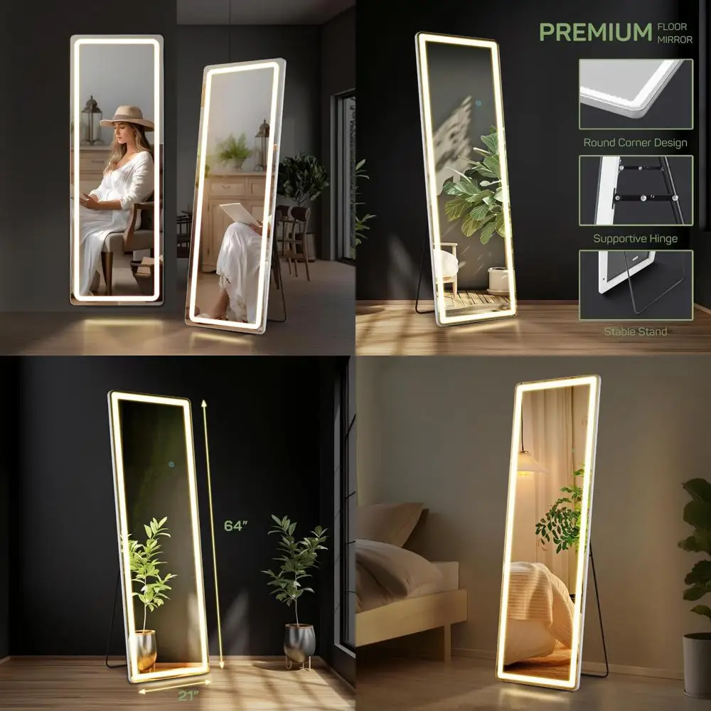LED-beleuchtete Ganzkörperspiegel, 21 x 64 Zoll, bodenstehend oder anlehnen, großer, hoher Wandspiegel mit Ständer, ideal für die Körperreflege