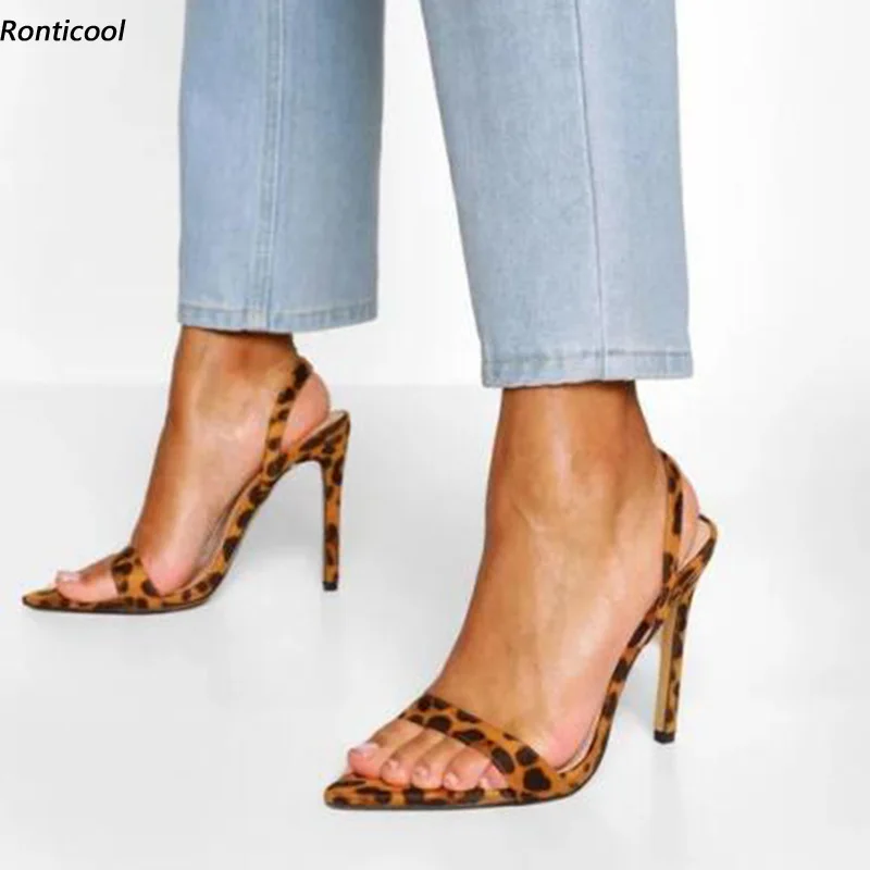 

Ronticool женские летние сандалии ручной работы из искусственной замши на шпильке с острым носком, великолепные модельные туфли с леопардовым принтом, размер США 5-15