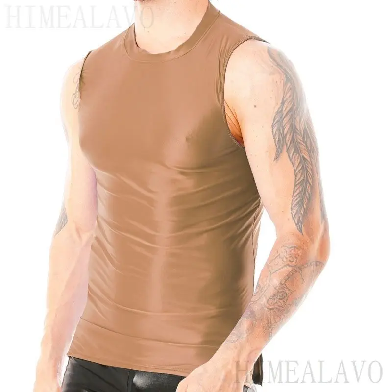 Satin Glossy Tank Top T-shirts for Men Sexy See Through Sleeveless Gym Tops Male Smooth Silk Sports Running Vest Men Clothing