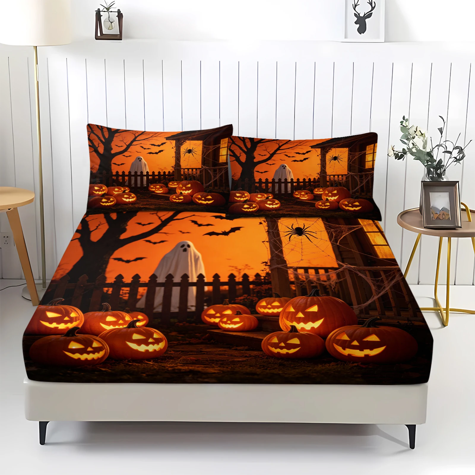 Halloween Fitted Sheet Set Scary Ghost Glowing Pumpkin Bat Spider Web Print Mattress Cover with Pillowcases Spooky Orange‑Horror