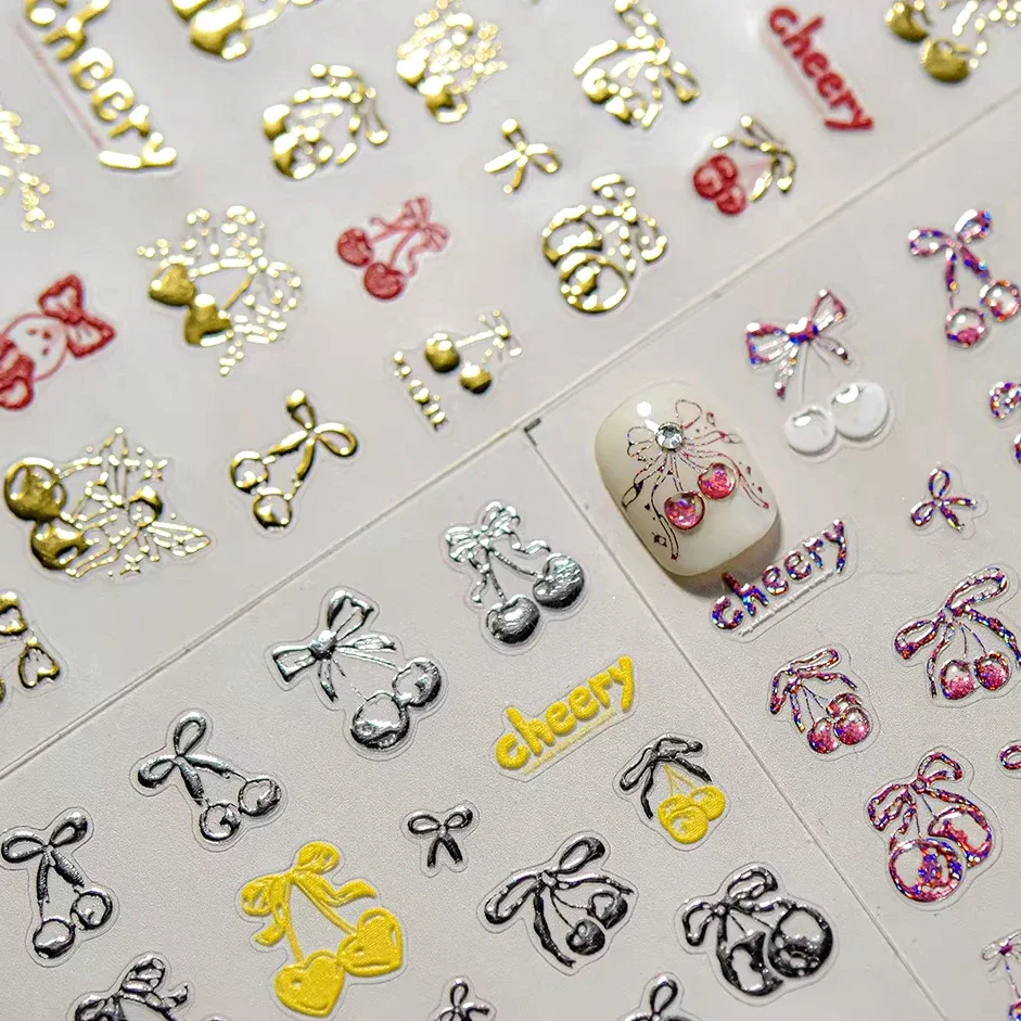 Hot Stamping Yellow Glitter Powder Pink Cherry Cute Bowknot Crystal Shiny Rhinestone Colourful Nail Art Stickers Manicure Decals