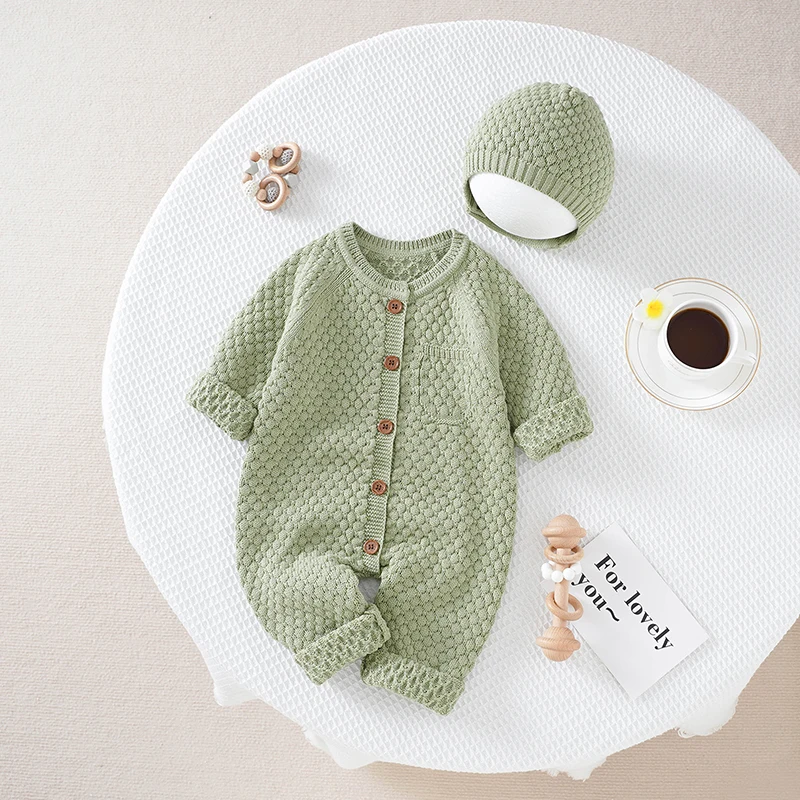 Baby Boys Girls Rompers Clothes Spring Autumn Green Long Sleeve Knitted Newborn Infant Jumpsuits Hats Outfits 0-18m Toddler Wear