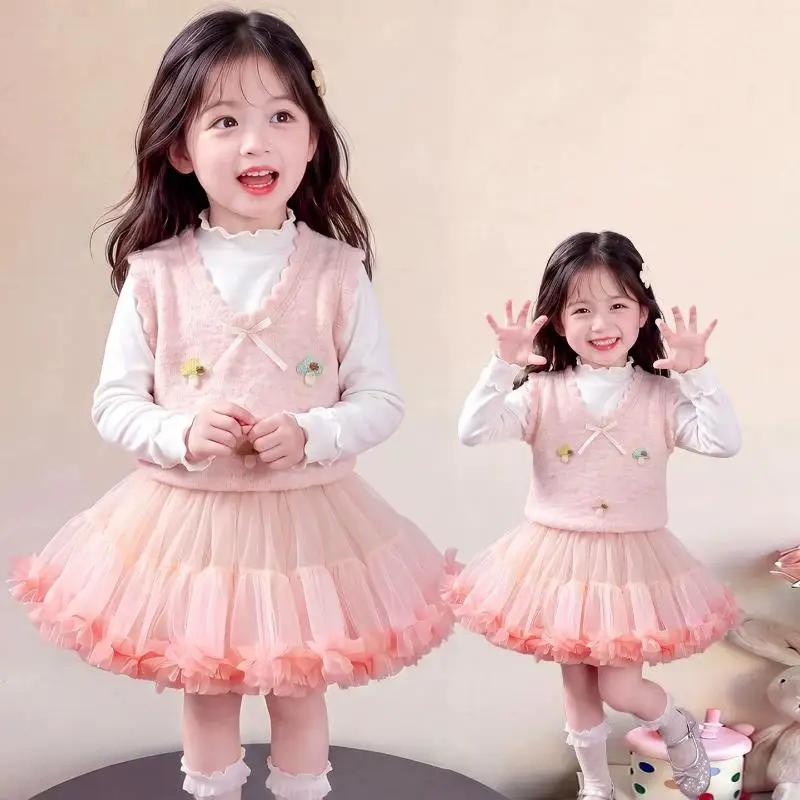 Girls Autumn Winter Vest Base Shirt Puffy Skirt Set Girl Long Sleeved T-Shirt Vest Mesh Skirt Children's Fashion Three Piece Set