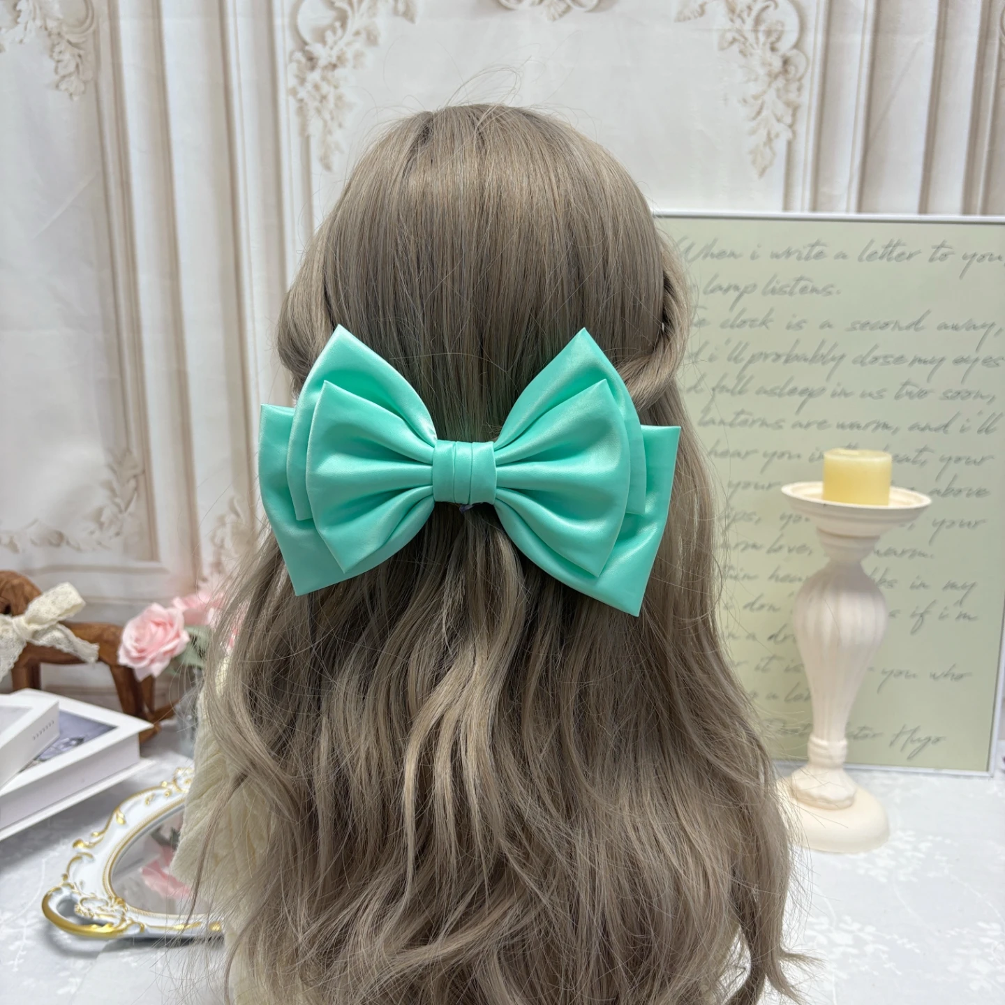 

French-style sweet macaron-colored satin large bow hairpin for women, perfect for back of head, versatile hair accessory