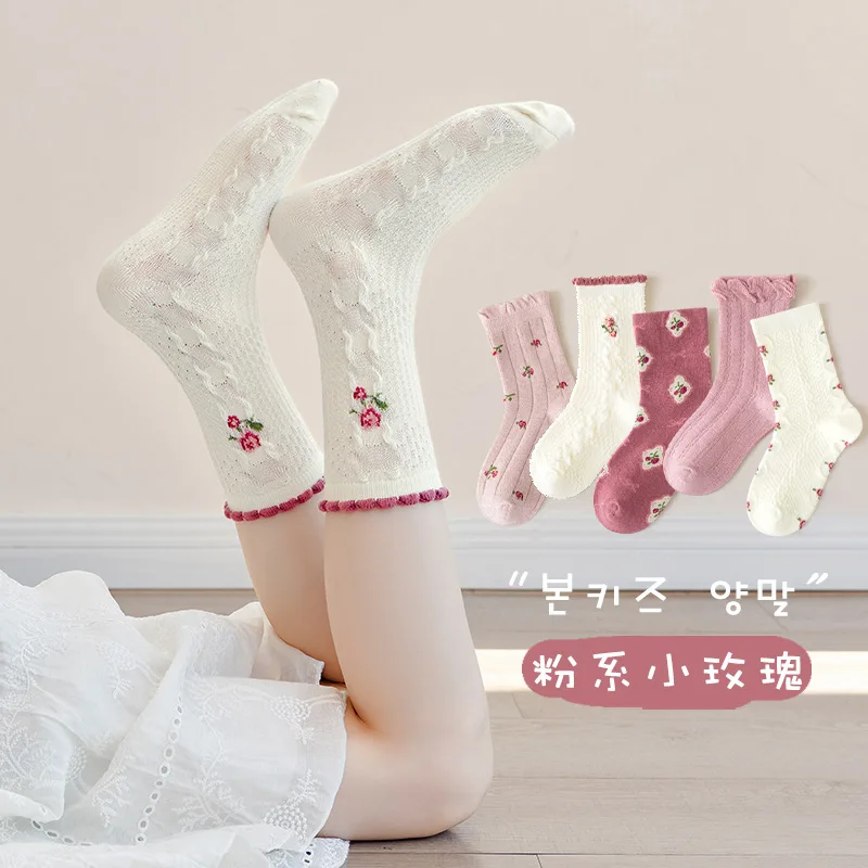 5 Pairs Girls Autumn Socks Mid Calf Cotton Socks A Class Baby Autumn Pink Floral Socks Children Medium Socks Baby Kids Socks