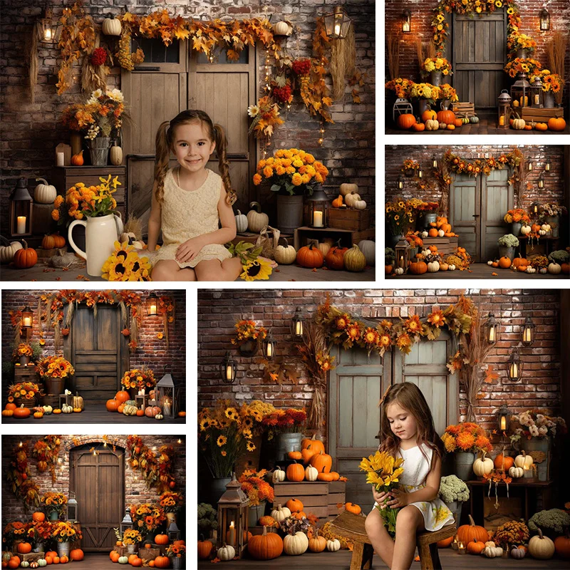 

Fall Thanksgiving Photography Backgrounds Pumpkins Brick Wall Sunflowers Kids Portraits Photo Backdrop Baby Shower Decor Props