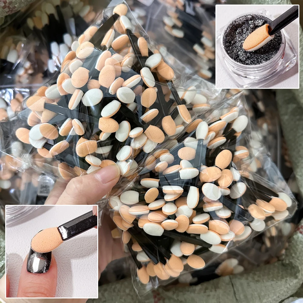 10/50/100 szt. Dwustronny pędzel gąbkowy Dwustronne aplikatory do pudru do paznokci i cieni do powiek Gąbkowe patyczki do pudru z efektem lustra Narzędzie do paznokci