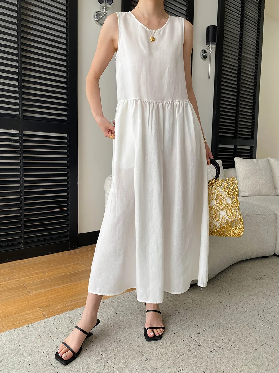 Sommerliches, lässiges, einfarbiges, ärmelloses Patchwork-Kleid mit Rundhalsausschnitt für Damen – Detail 6