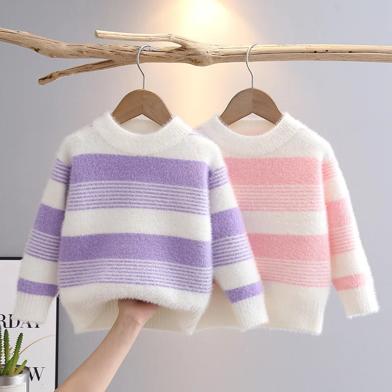 2024 Girls Winter Pullovers Sweaters Thickened Keep Warm Baby Knitwear for Kids Girl Cult Buy Furry Flocking Stripe Tops HY09061