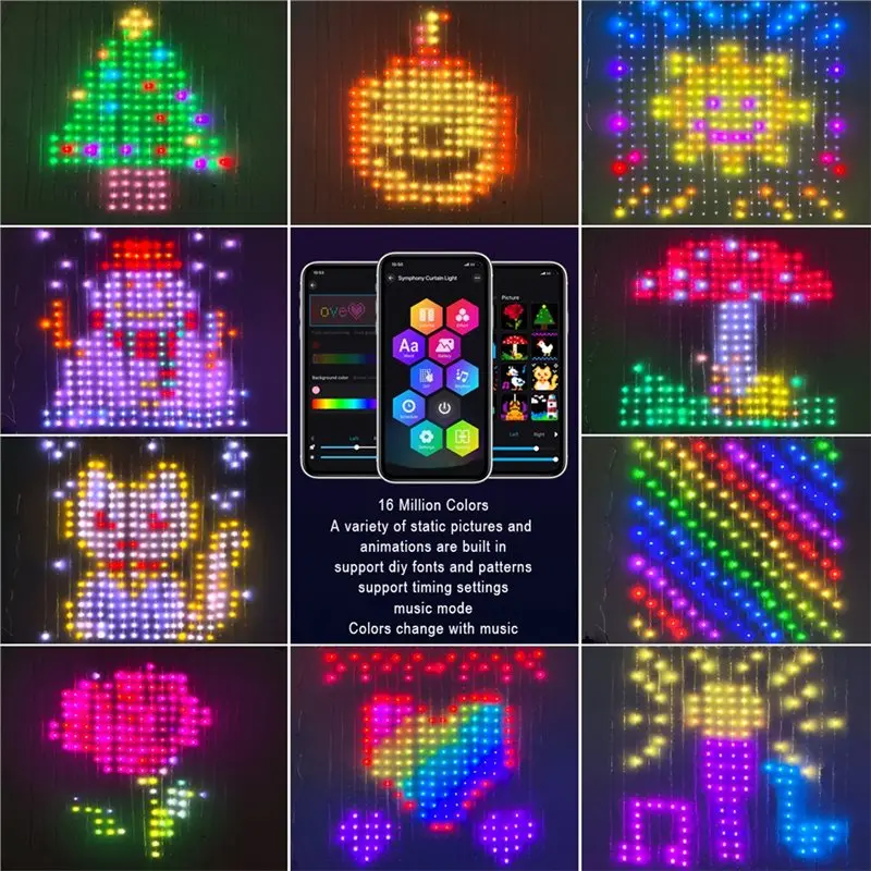 ABUH-Atmosphere Light RGB LED String Smart Bluetooth Matrix Pixel Curtain Lights DIY Customize Animation Advertising