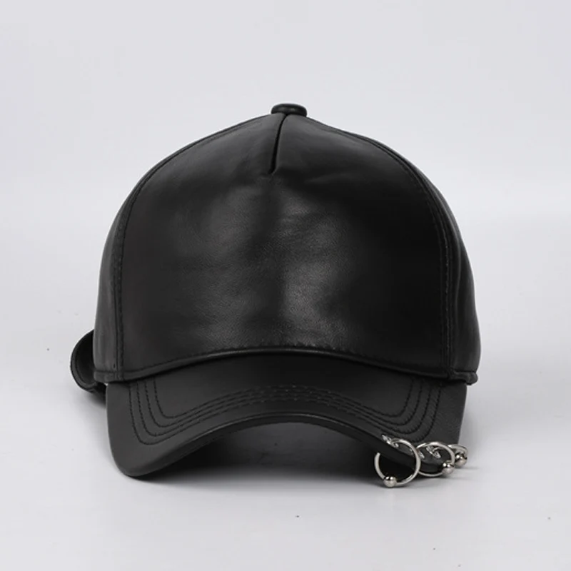 Five Panel Snapback Caps For Women Female Real Leather Hip Pop Three Metal Ring Punk Locomotive Chapeau Girl Show Ponytail Hats