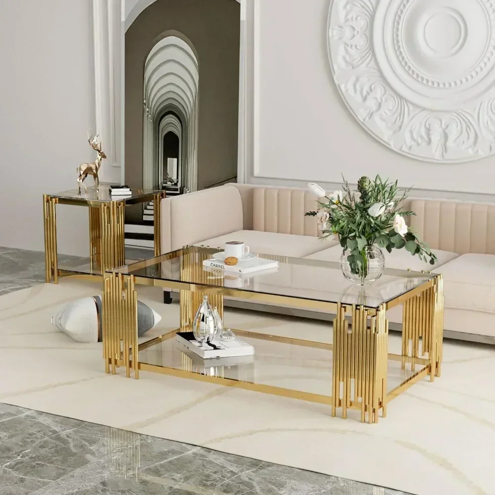 Glass Coffee Table Modern Living Room Table Gold Stainless Steel Metal Leg 51" Rectangular Clear Tempered Glass Center Table