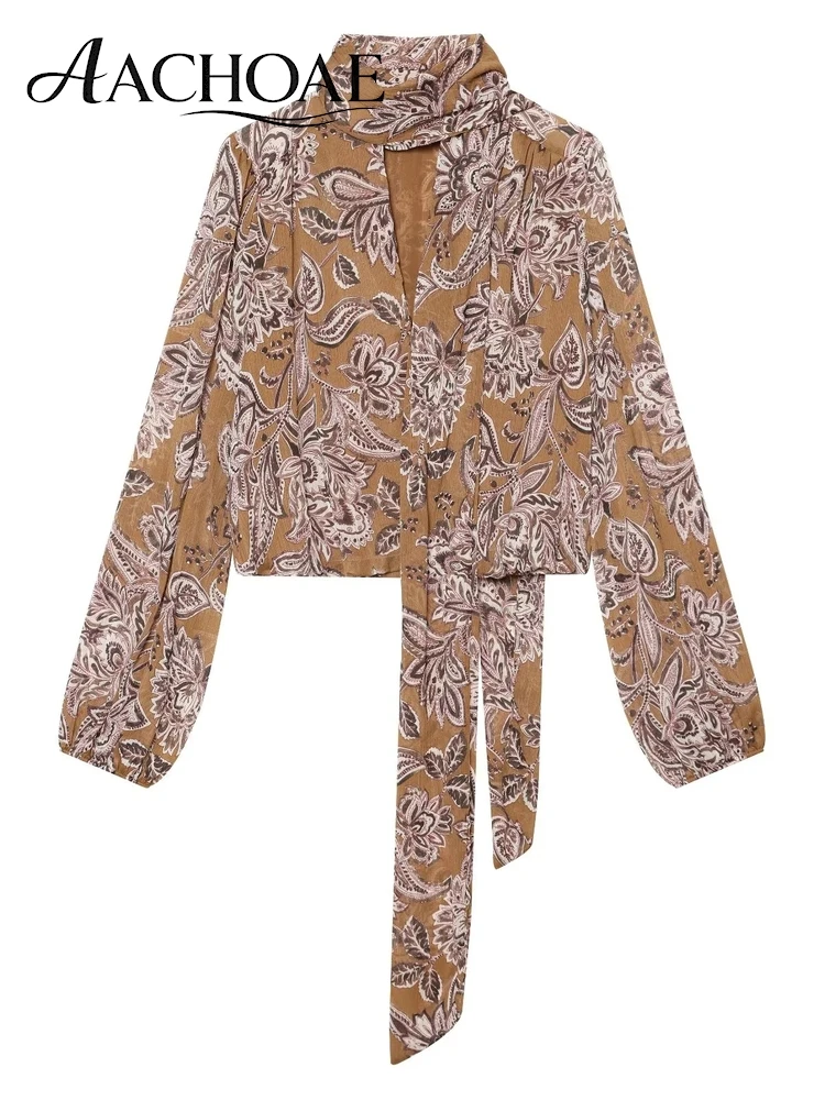 AACHOAE Women Vintage Paisley Print Blouse Tie Neck Long Sleeve Floral Shirt Elegant Boho Style Loose Cropped Top Casual
