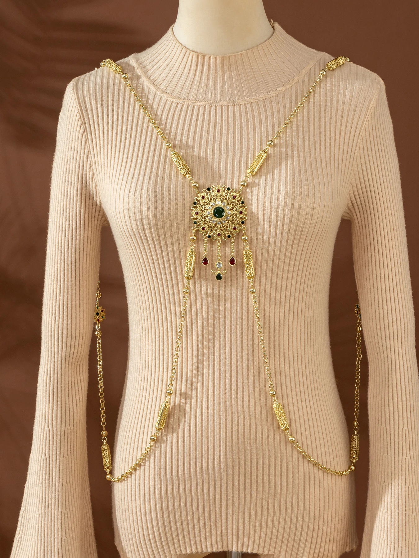 Shimmering Ethnic Style Metal-Gilded Round Hollow-Carved Flower Moroccan Bride Wedding Matching Waist Chain