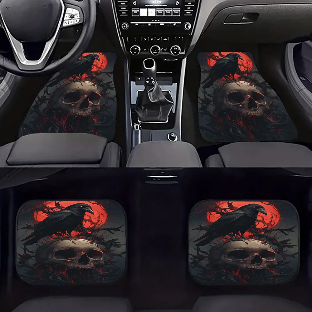 4pcs Skull With Raven T-Print Cartoon Anime Car Floor Mat, Suitable For Cars And SUVs All Seasons Front& Rear Seat Mats- Interio
