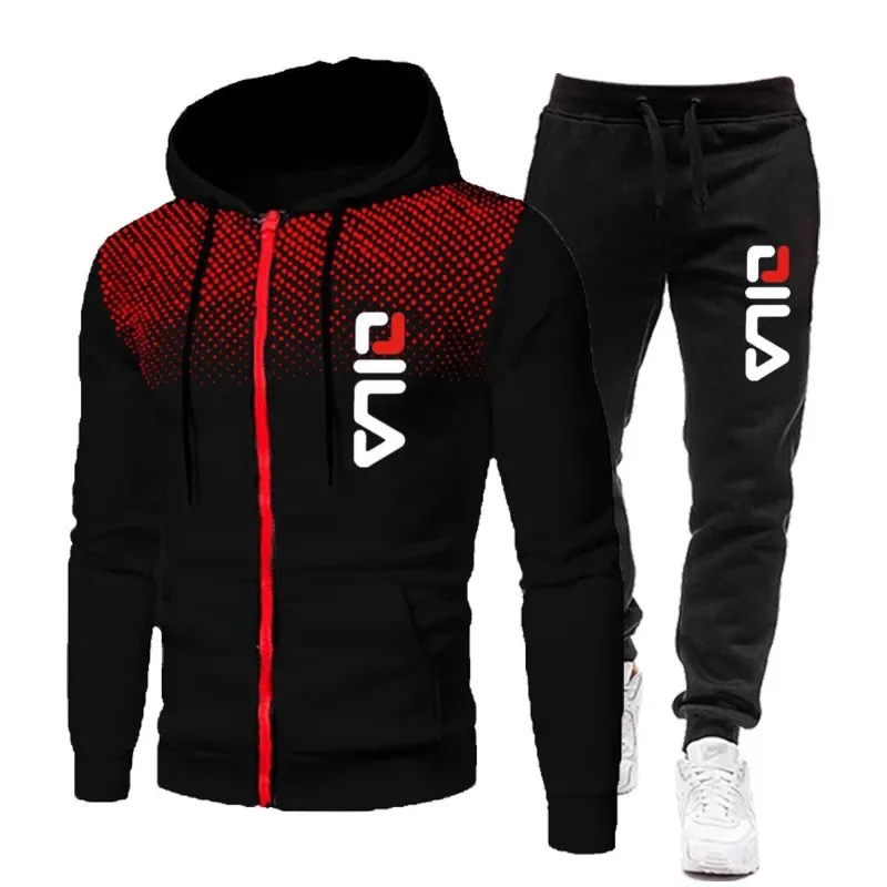 Autumn and winter outdoor new fashion fitness slow sport running suit men's zipper hooded jacket + casual pants two-piece set