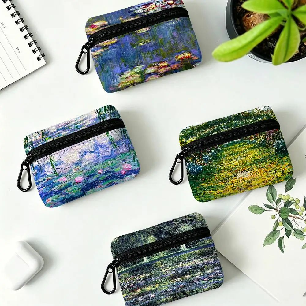 Claude Monet Painting Art Lightweight Oxford Fabric Coin Purse Carabiner Hook Design Mini Card Key Organizer Bag